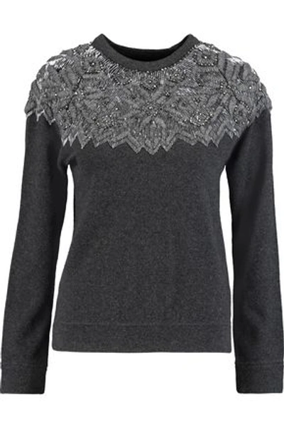 Valentino Woman Embellished Wool And Cashmere-blend Sweater Charcoal