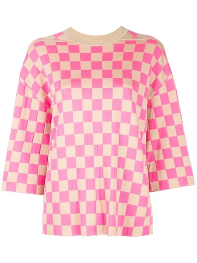 Adam Lippes Checkerboard Merino Wool Crewneck In Pink