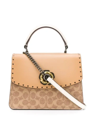 Coach Parker Top Handle In Signature Canvas With Rivets In Beige