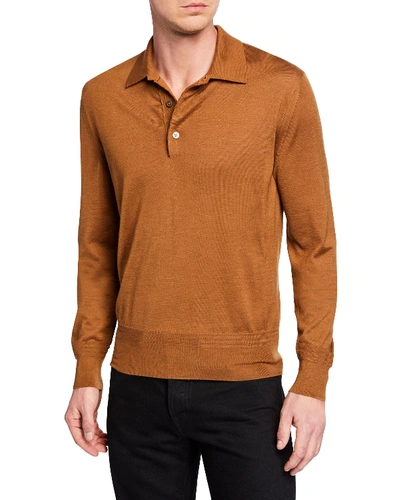 Tom Ford Men's Long-sleeve Cashmere-silk Polo Shirt In Beige