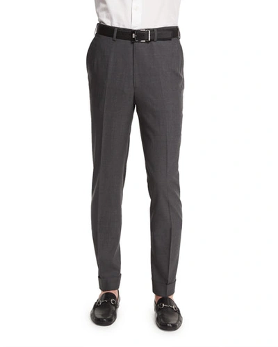 Brioni Micro-tic Flat-front Trousers, Charcoal