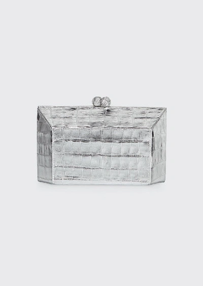 Nancy Gonzalez Geo Kiss-lock Metallic Crocodile Minaudiere Clutch Bag In Silver