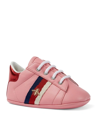 Gucci New Ace Bee Embroidery Web-trim Leather Sneakers, Baby/toddler In Pink