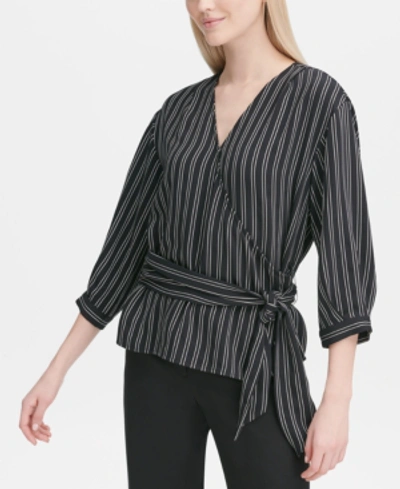 Calvin Klein Double Stripe Faux-wrap Blouse In Black Stripe