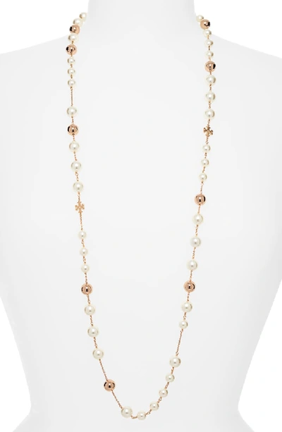 Tory Burch Imitation Pearl Rosary Necklace In Tory Gold / Pearl