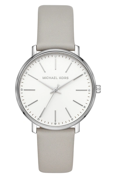 Michael Kors Pyper Leather Strap Watch, 38mm In Grey/ White/ Silver