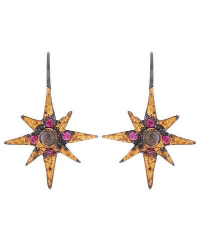 Acanthus Oxidised Silver Elizabeth Diamond And Ruby Star Drop Earrings In Gold