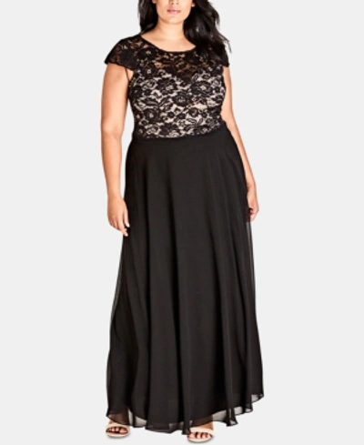 City Chic Plus Size Elegance Top, Skirt & Shawl Set In Black