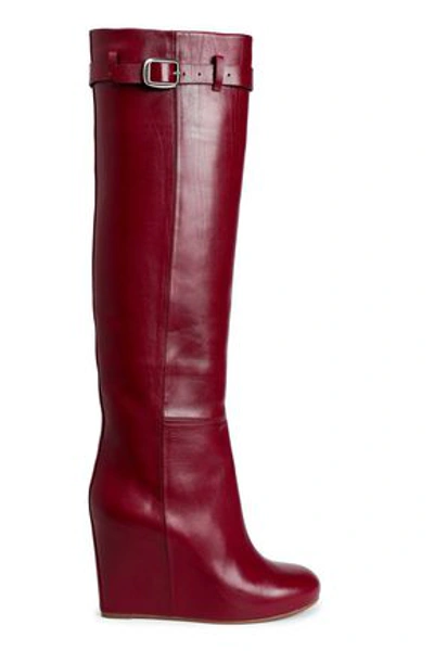 Victoria Beckham Buckled Leather Wedge Knee Boots In Claret