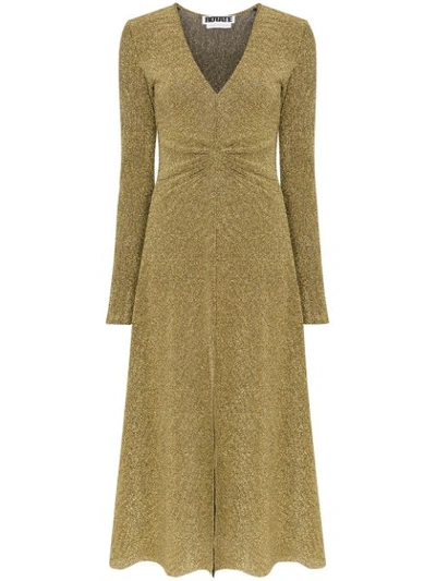 Rotate Birger Christensen Gathered Waist Lurex Midi Dress In Gold | ModeSens