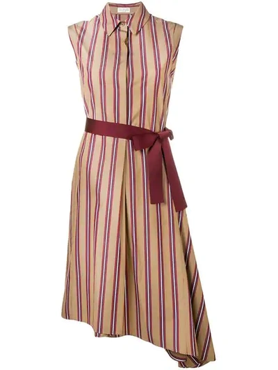 Brunello Cucinelli Striped Belted Button-front Dress In Brown