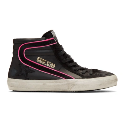 Golden Goose Men's Slide High-top Sneakers In Black Suede Pink Fluo