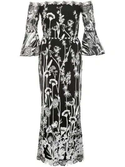 Marchesa Notte Floral Embroidered Bardot Maxi Dress In Black