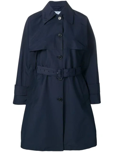 Prada Belted Trench Coat In Blue