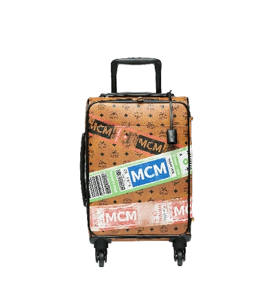 Mcm Stark Flight Print Trolley Wheeled Suitcase - Brown In Cognac