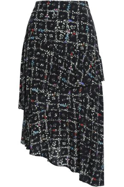 Preen Line Woman Asymmetric Floral-print Crepe De Chine Midi Skirt Black