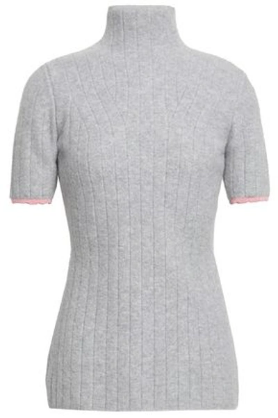 Victoria Beckham Ribbed Mélange Wool-blend Turtleneck Top In Light Gray