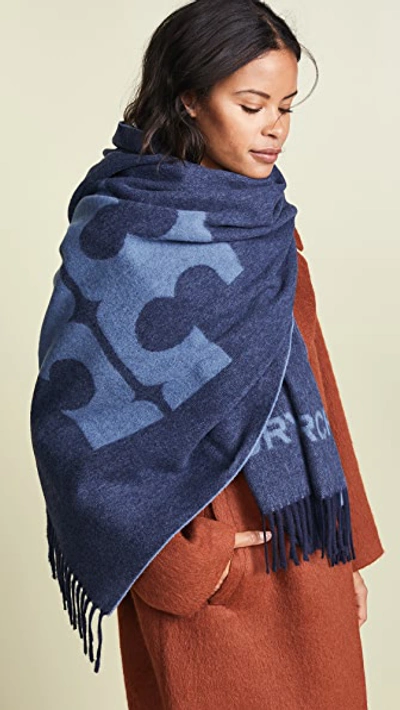 Tory Burch Solid Logo Oblong Scarf In Tory Navy