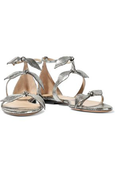 Chloé Woman Mike Bow-embellished Metallic Cracked-leather Sandals Platinum