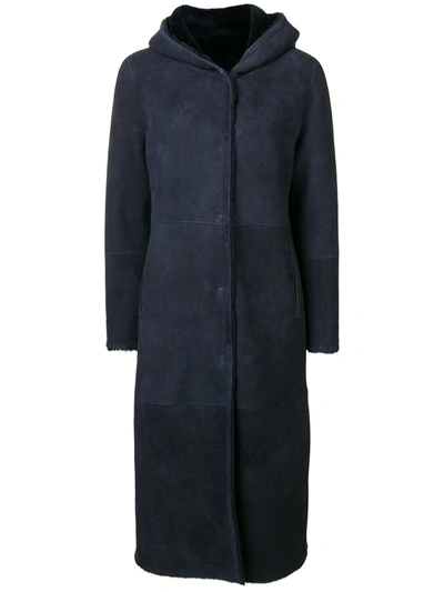 Liska Hooded Shearling Coat In Blue