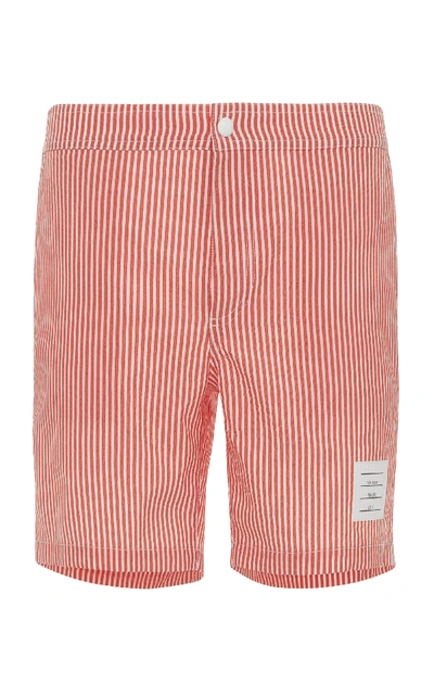 Thom Browne Mid-length Striped Seersucker Swim Shorts In Red