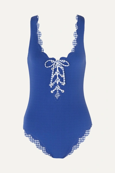 Marysia Palm Springs 扇贝边绑带式弹力绉纱连体泳衣 In Blue