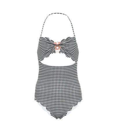Marysia Antibes Flower Cutout Scalloped Gingham Halterneck Swimsuit In Black