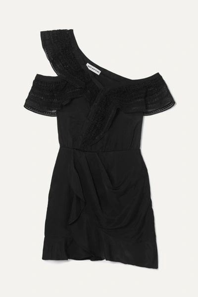 Self-portrait One-shoulder Guipure Lace-trimmed Satin Mini Dress In Black