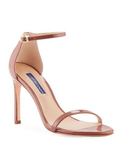Stuart Weitzman Nudistsong Patent Ankle-wrap Sandals In Rose Clay
