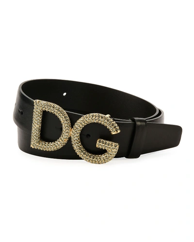 Dolce & Gabbana Men's Leather Belt W/ Crystal Logo Buckle In Black/gold