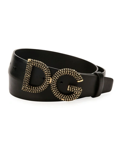 Dolce & Gabbana Men's Leather Belt W/ Crystal Logo Buckle In Black