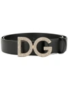 Dolce & Gabbana Men's Leather Belt W/ Crystal Logo Buckle In Black