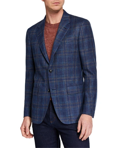 Ermenegildo Zegna Men's Large-plaid Wool/silk/linen Jacket In Blue