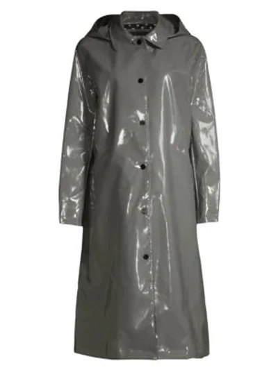 Jane Post High Shine Slicker Long Coat In Light Grey