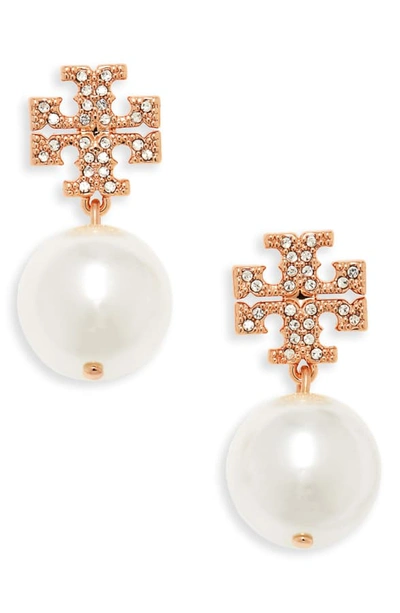 Tory Burch Crystal Logo & Simulated Pearl Drop Earrings In Rose Gold/ Crystal