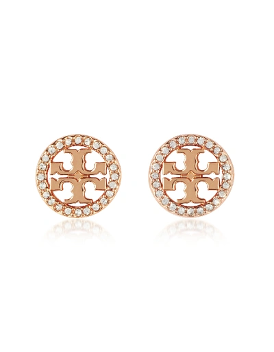 Tory Burch Crystal Circle Logo Stud Earrings In Rose Gold