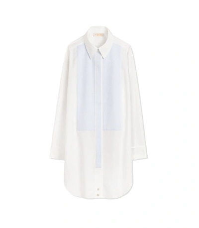 Tory Burch Gingham-bib Cotton Tunic Shirt In White