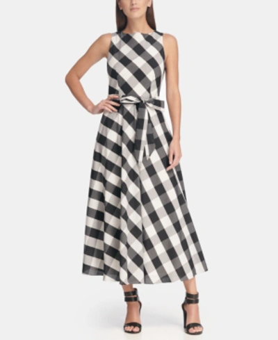Dkny Plaid Maxi Dress With Tie Belt, Created For Macy's In Black/ivory
