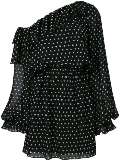 Saint Laurent Polka-dot Print One-shoulder Georgette Dress In Bianco-nero