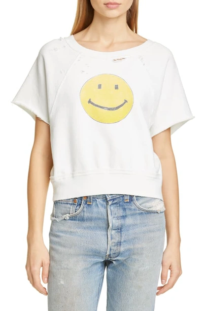 Re/done The Raw Short Sleeve Smiley Sweatshirt In Off White