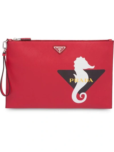 Prada Printed Saffiano Leather Clutch In Fuoco Bianco (red)