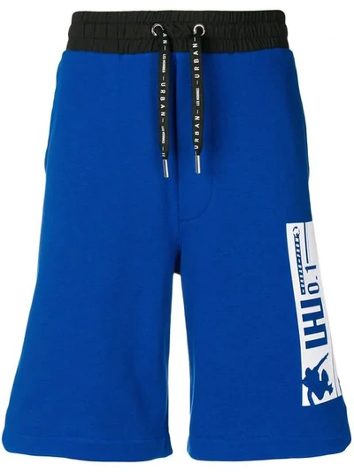 Les Hommes Urban Branded Patch Track Shorts In Blue