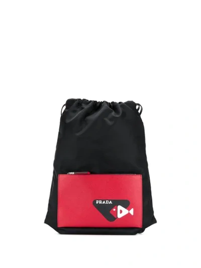 Prada Logo Print Drawstring Backpack In Black