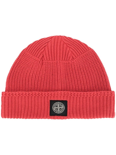 Stone Island Logo Patch Beanie - Red