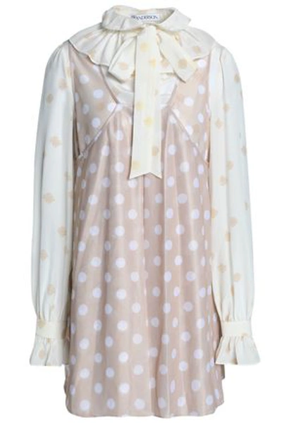 Jw Anderson Woman Pussy-bow Paneled Printed Crepe De Chine Mini Dress Beige