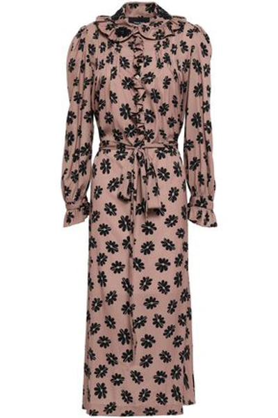 Simone Rocha Woman Floral-print Crepe De Chine Midi Shirt Dress Light Brown