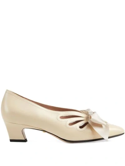 Gucci White Berith 45 Bow Detail Leather Pumps In Neutrals