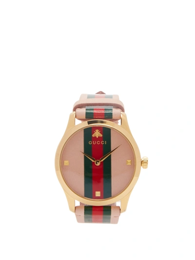 Gucci G-timeless Gold Pvd Case 38mm Pink Green Red Green Stripe Leather Watch