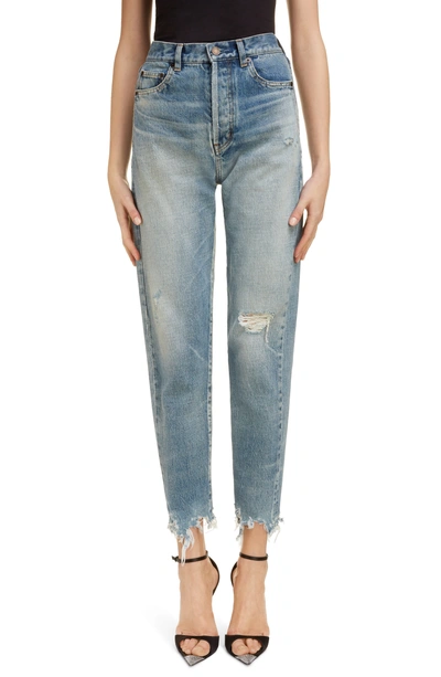 Saint Laurent Distressed Slim Jeans In Dirty Light Used Blu