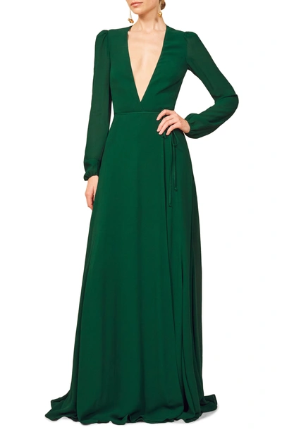Reformation Milan Long Sleeve Wrap Dress In Emerald ModeSens